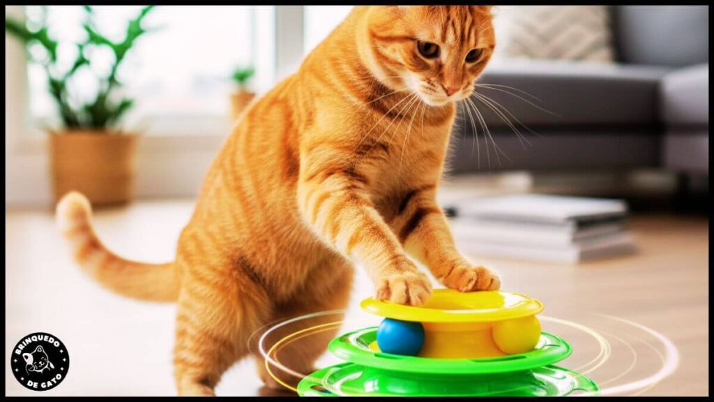 Gatinho filhote brincando em uma pista de bolas interativa