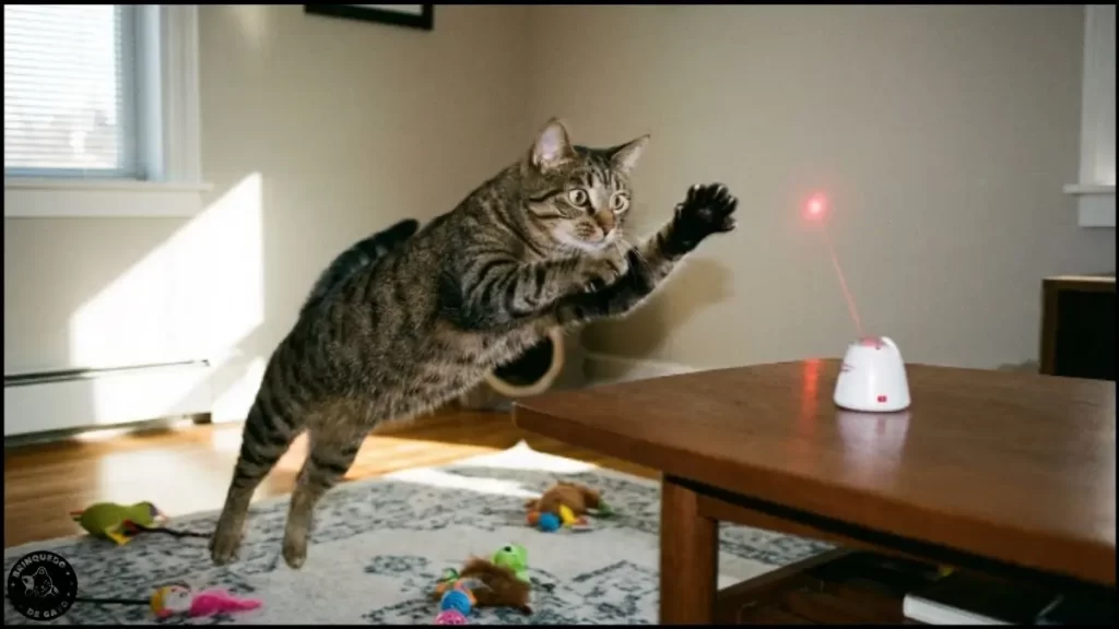 Brinquedos Interativos para Gatos - 
Gato focado perseguindo a luz de um laser automático