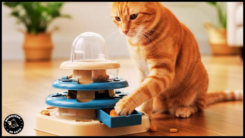 Brinquedos Interativos para Gatos - Gato usando um puzzle feeder comedouro lento para inteligência