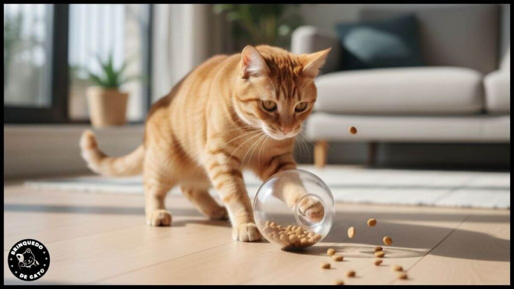 Bola dispensadora de petiscos sendo rolada por um felino