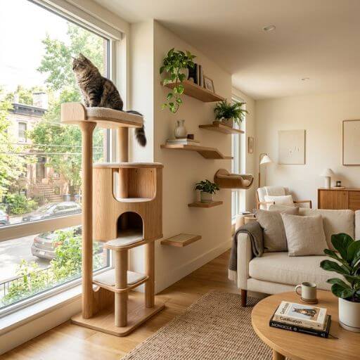O resultado final de um apartamento perfeitamente gatificado e feliz com os melhores brinquedos interativos para gatos.