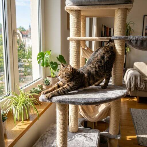 Gato saudável com pelagem brilhante descansando num arranhador vertical, demonstrando bem-estar e ausência de estresse felino.