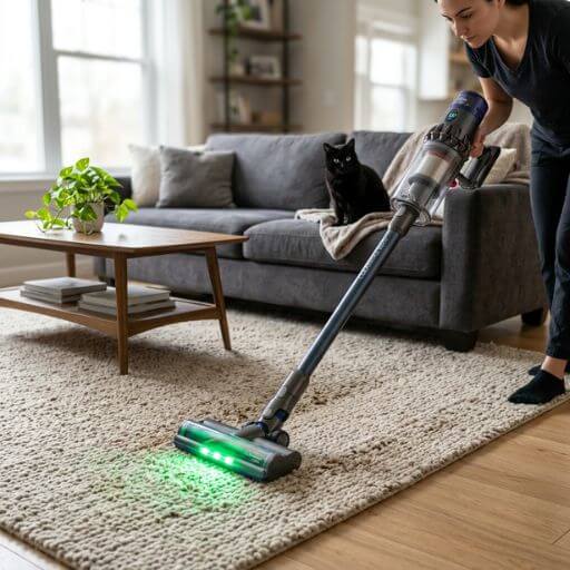 Aspirador de pó com luz de detecção limpando tapete profundamente para remover pelos de gato e a proteína Fel d 1.