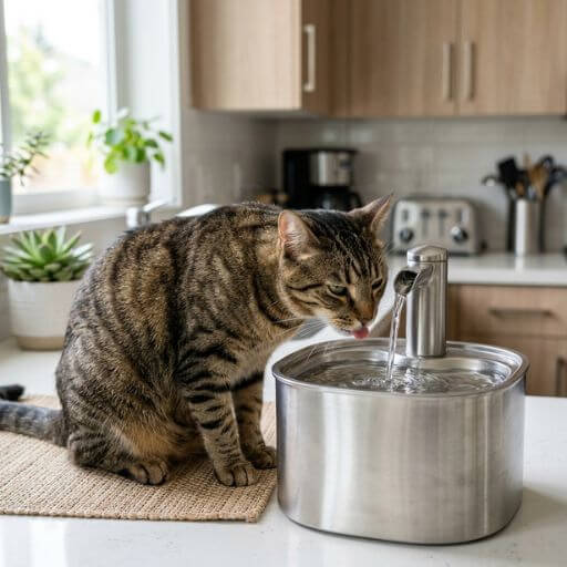 Gato a beber água fresca em bebedouro automático, promovendo a hidratação cutânea e reduzindo a descamação que agrava a alergia.