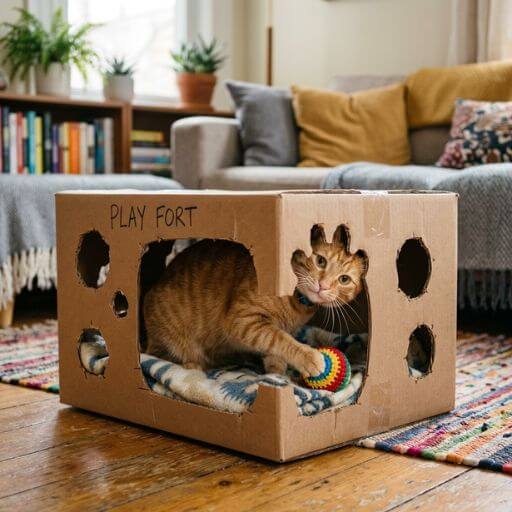 Gato laranja brincando com bolinha dentro de uma caixa de papelão customizada como forte, uma opção DIY de enriquecimento ambiental.