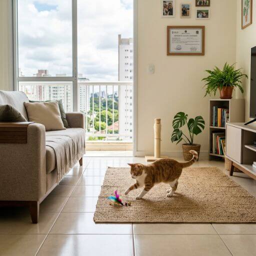 Sala de apartamento limpa com um gato a brincar de forma segura, destacando a higiene do ambiente promovida pelo CFMV.