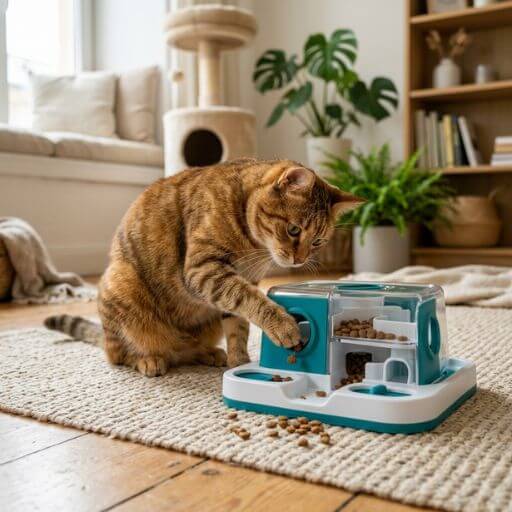 Gato a usar um comedouro interativo quebra-cabeça, a estimular a mente, reduzir a ansiedade e manter a imunidade alta.