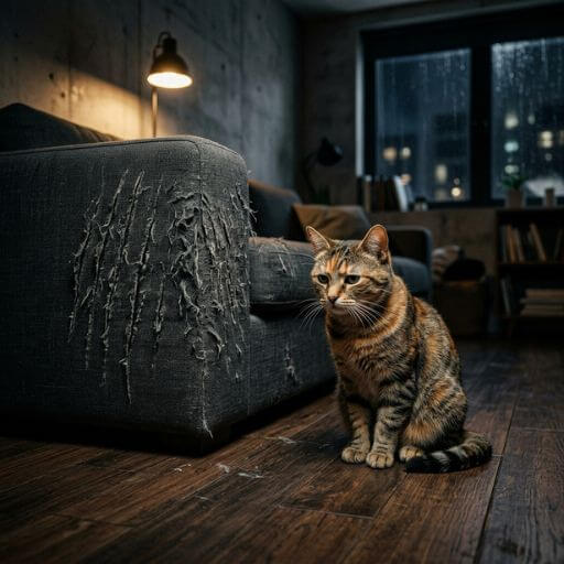 Gato entediado e estressado prestes a arranhar o sofá do apartamento por falta de brinquedos interativos para gatos.