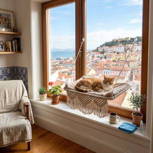 Gato relaxado a descansar num apartamento seguro e sanitizado em Portugal, refletindo as regras de convivência indoor da DGAV.