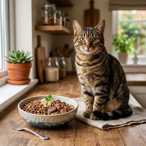 Mistura de ração seca e úmida (dieta mista) a garantir uma pelagem brilhante e livre de caspa ao felino.