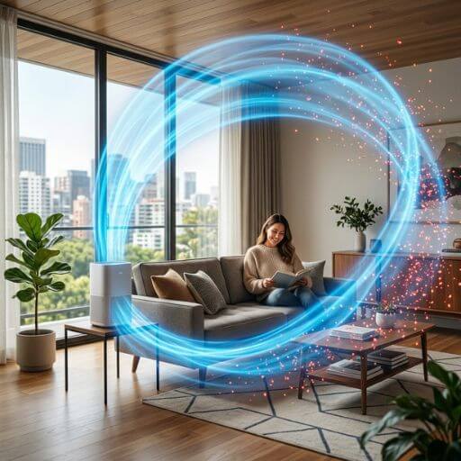 Fluxo de ar puro azul a circular num apartamento moderno, ilustrando a qualidade do ar indoor e o bloqueio de alérgenos.