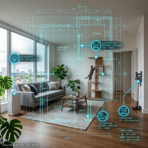 Planta digital de um apartamento a destacar as zonas de purificação do ar e pontos de enriquecimento ambiental para gatos.