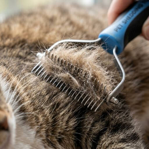 Close de uma escova de shedding profissional a reter pelos mortos e caspa felina para evitar que flutuem pelo apartamento.