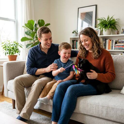 Família a respirar aliviada no sofá da sala enquanto convive com um gato preto sem sofrer com crises de rinite.