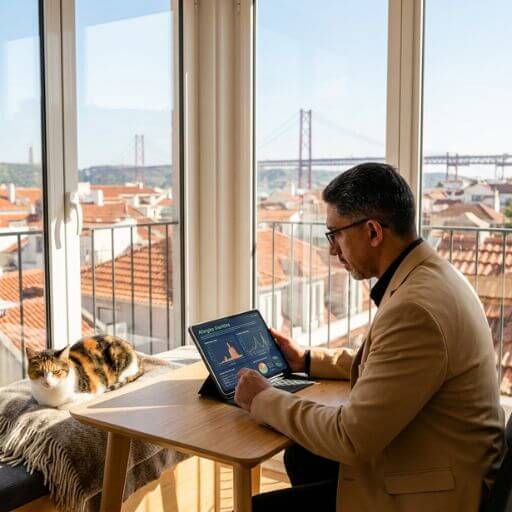 Faustino Ribeiro estudando gráficos de saúde sobre alergia a gatos em um apartamento em Portugal para melhorar a convivência com felinos.