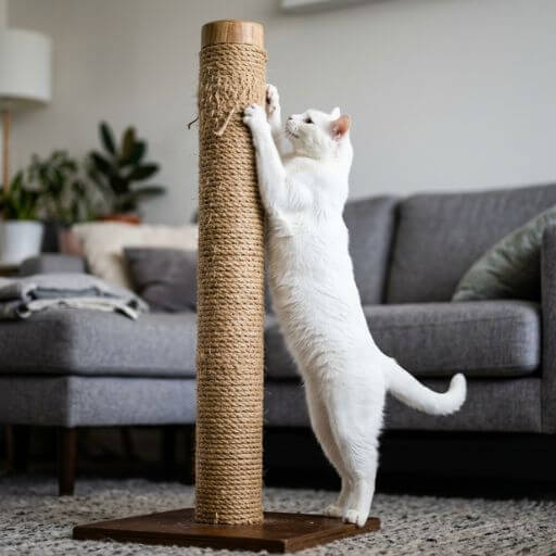 Gato branco alongando o corpo para usar poste arranhador vertical de sisal resistente.