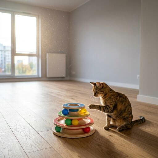 Gato concentrado a brincar sozinho com uma torre de bolinhas coloridas, aliviando a ansiedade de separação através de brinquedos interativos para gatos.