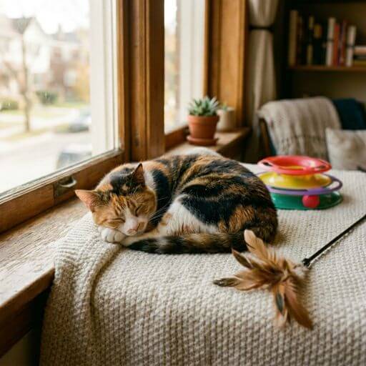 Gato dormindo tranquilamente na janela ao lado de brinquedos interativos após gastar energia.