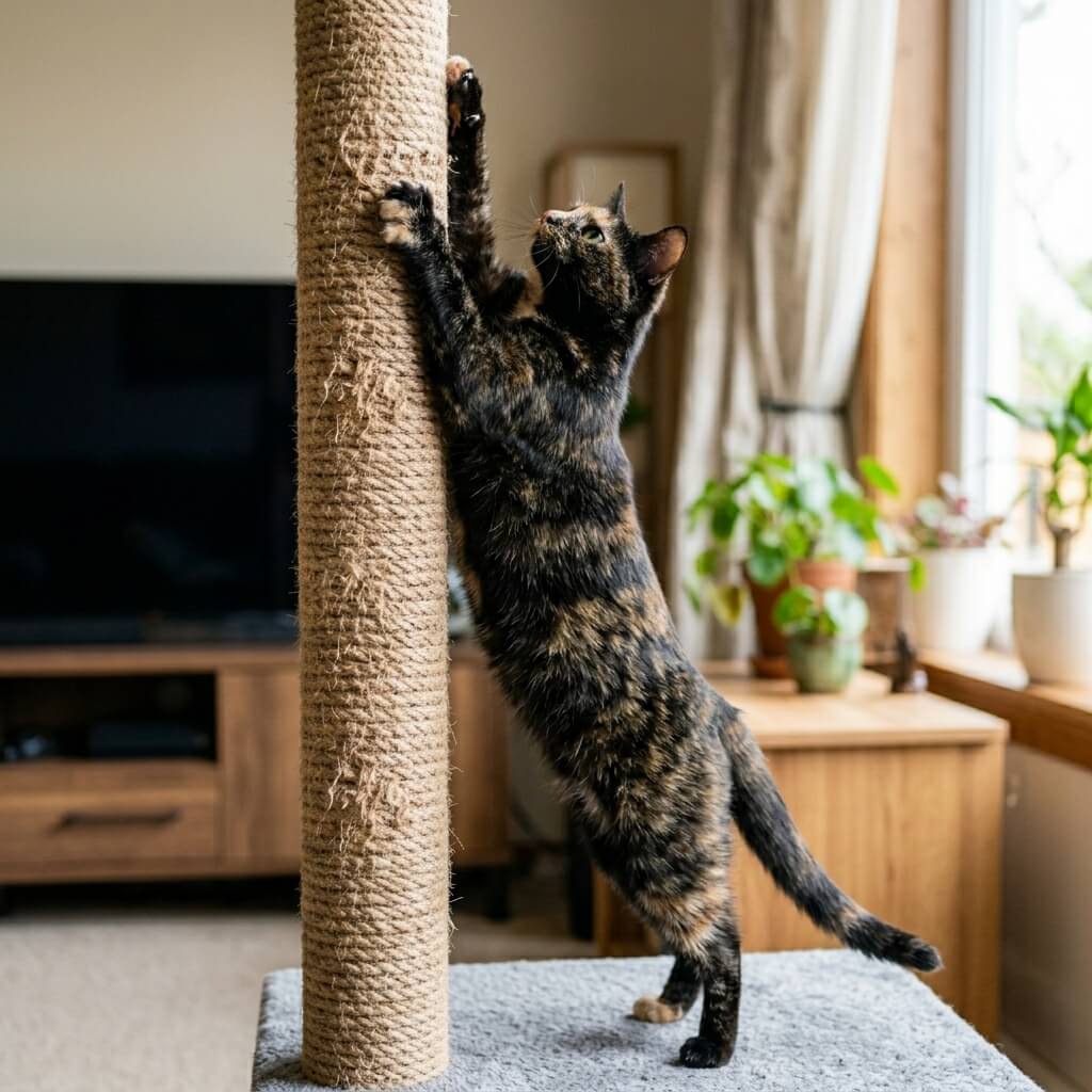 Gato adulto esticando toda a coluna e músculos num arranhador vertical de sisal, um dos essenciais brinquedos interativos para gatos.