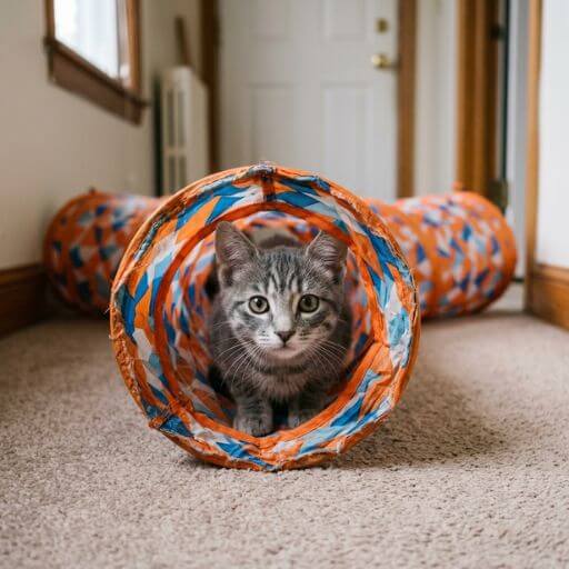 Filhote de gato rajado espiando por dentro de um túnel interativo de tecido colorido no corredor do apartamento.