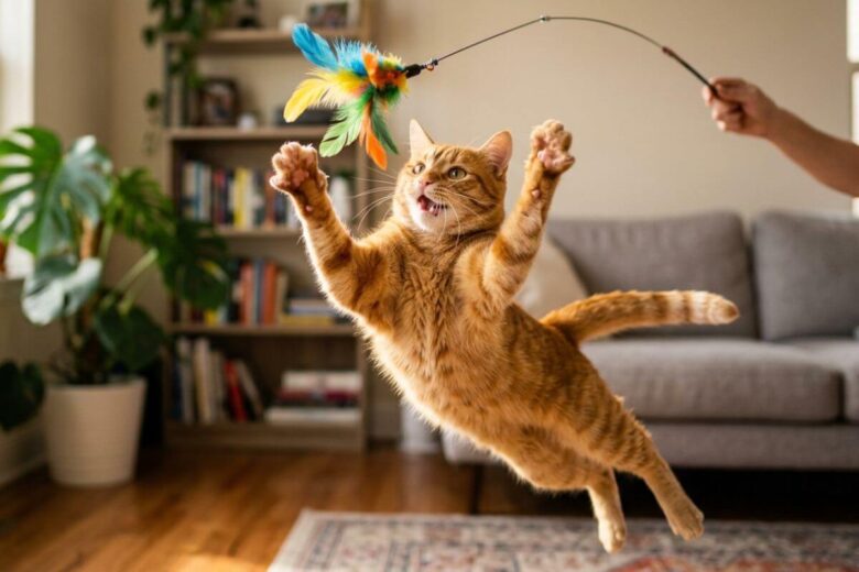 Fotografia em formato horizontal de gato laranja pulando alto para caçar brinquedo interativo de varinha na sala.