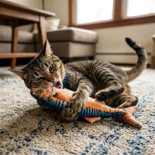 Gato a redirecionar o seu instinto de caça e agressividade ao morder e agarrar um peixe realista, um dos melhores brinquedos interativos para gatos.