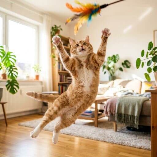 Gato gordinho saltando ativamente no apartamento para capturar uma presa, perdendo peso com brinquedos interativos para gatos.