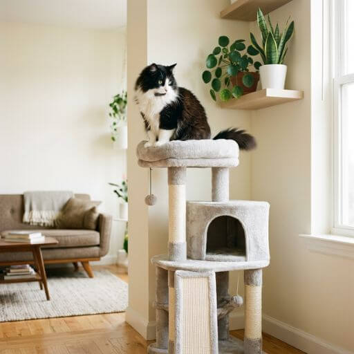 Gato dormindo tranquilamente na janela ao lado de brinquedos interativos após gastar energia.