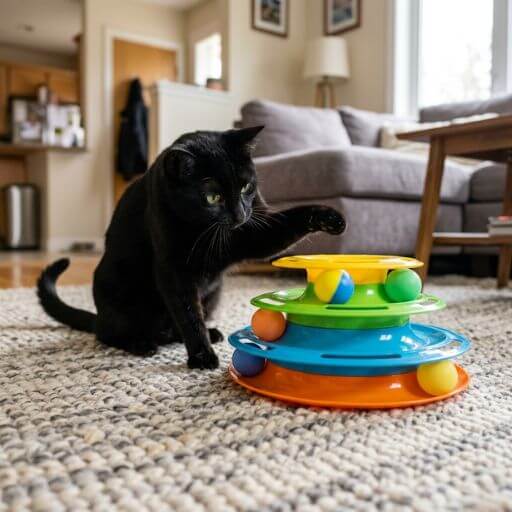 Gato preto estimulando a cognição ao brincar com torre de bolinhas coloridas interativa no tapete.