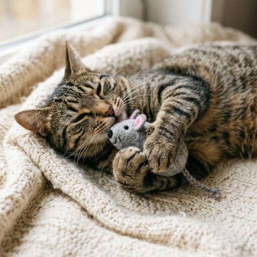 Gato rajado deitado confortavelmente abraçando e mordendo um brinquedo interativo de rato em pelúcia.