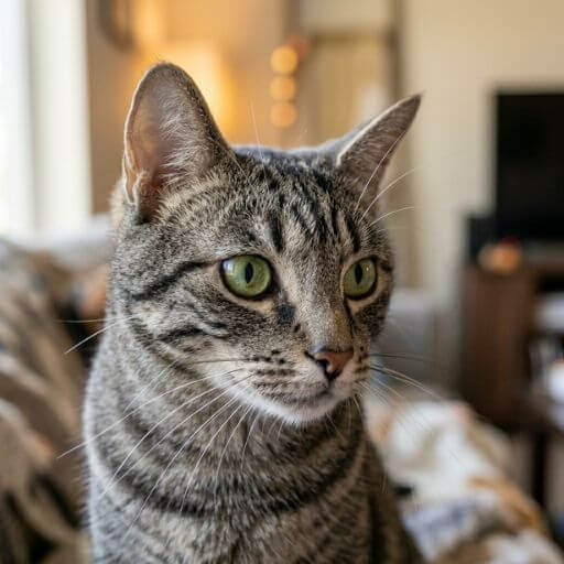 Gato rajado focado e atento no sofá, estimulando a cognição e o instinto de caça indoor.