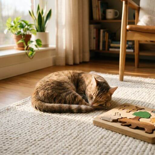 Gato a dormir profundamente e sem estresse após brincar com os seus brinquedos interativos para gatos no tapete da sala.