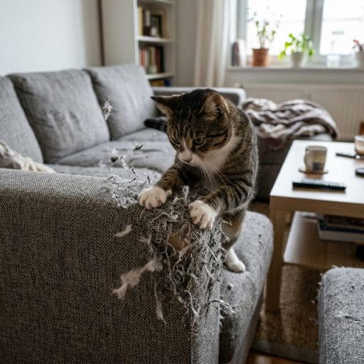 Gato arranhando e destruindo o tecido de um sofá na sala de estar por falta de enriquecimento ambiental.