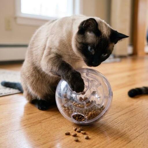 Gato siamês interagindo com bola quebra-cabeça transparente dispensadora de ração para enriquecimento alimentar.