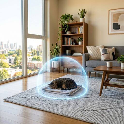 Gato dormindo protegido por um escudo holográfico, representando a redução dos sintomas da alergia felina e um ambiente seguro.