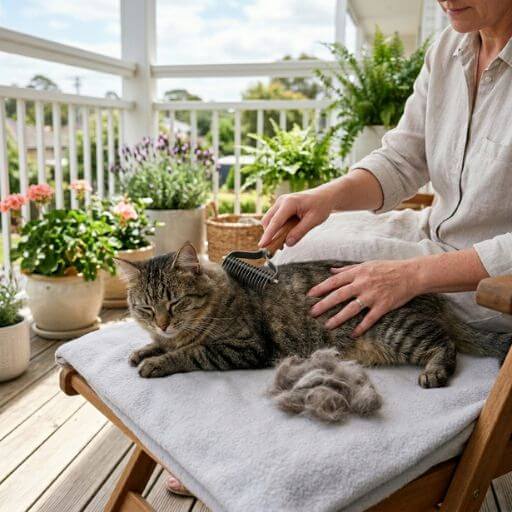 Tutor a escovar o gato na varanda para remover pelos soltos e reter a proteína causadora da alergia na fonte.