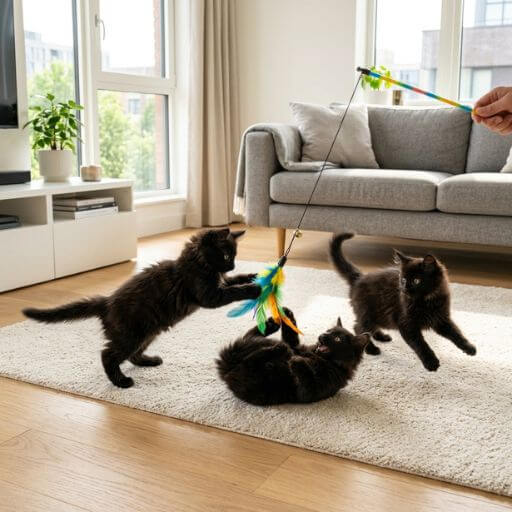 Três gatinhos pretos felpudos a brincar alegremente com uma varinha de penas numa sala de estar impecavelmente limpa e moderna.