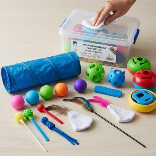 Kit hipoalergênico de brinquedos interativos para gatos organizados em caixa plástica para rodízio seguro.