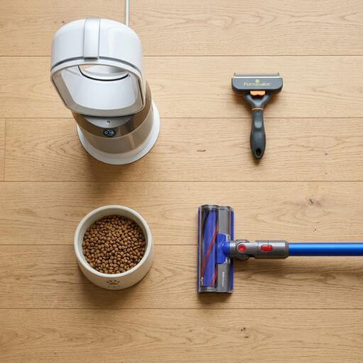 Kit estratégico contra alergia a gatos contendo purificador de ar, escova de shedding, ração neutralizadora e aspirador HEPA.