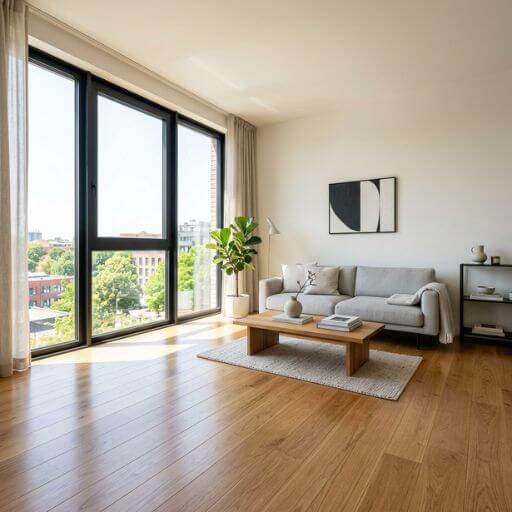 Sala de apartamento minimalista e impecavelmente limpa, demonstrando o fator ambiente na luta contra alérgenos felinos.