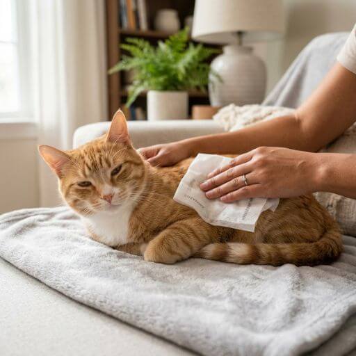 Gato relaxado a ser limpo com toalha umedecida e shampoo hipoalergênico para remover alérgenos da pelagem sem estresse.