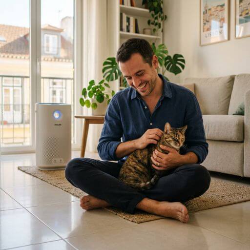 Cena de documentário mostrando um tutor feliz e aliviado a fazer carinho no seu gato num apartamento limpo com purificador de ar, provando que é possível vencer a alergia a gatos.
