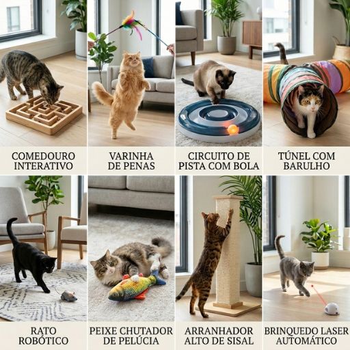 Mosaico fotográfico premium mostrando 8 tipos diferentes de brinquedos interativos para gatos sendo usados por felinos felizes num apartamento, incluindo quebra-cabeças, varinhas, túneis e arranhadores.