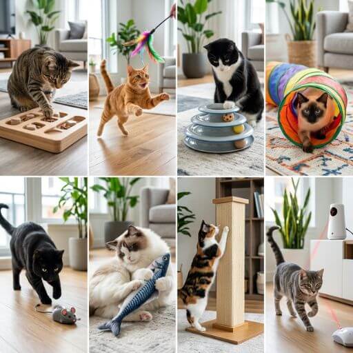 Mosaico fotográfico premium mostrando 8 tipos diferentes de brinquedos interativos para gatos sendo usados por felinos felizes num apartamento, incluindo quebra-cabeças, varinhas, túneis e arranhadores.