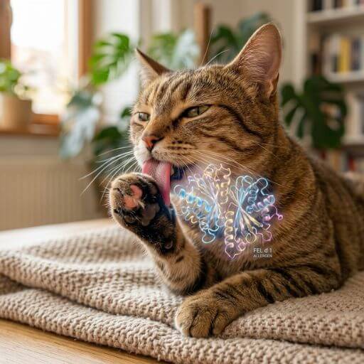 Gato a lamber-se com representação microscópica da proteína Fel d 1 no ar, o verdadeiro causador da alergia à saliva de gato.