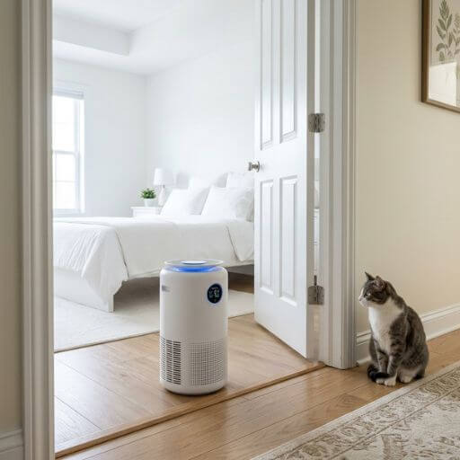 Purificador de ar na porta do quarto a criar uma barreira invisível para proteger a zona livre de alergia a gatos.