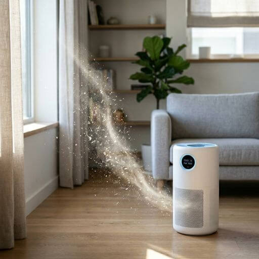 Purificador de ar para pets filtrando partículas microscópicas de poeira e alérgenos iluminados pelo sol na sala de estar.