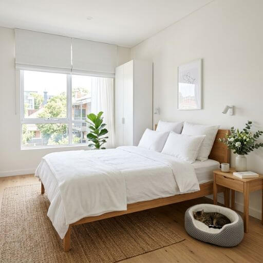 Quarto arejado com persianas no lugar de cortinas pesadas, estratégia eficaz para reduzir o acúmulo de alérgenos e pelos de gato.