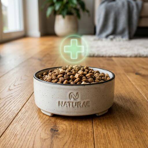 Tigela com ração neutralizadora para gatos com símbolo médico, representando o bloqueio da proteína Fel d 1 pela nutrição.