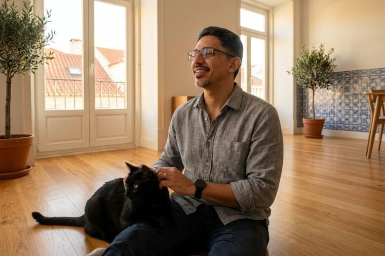 Homem saudável a respirar fundo e a fazer carinho num gato preto num apartamento iluminado em Portugal, ilustrando o guia definitivo de como reduzir alergia a gatos.